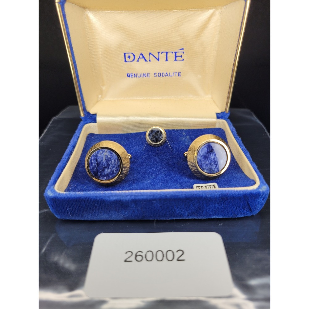 Dante Cufflinks Tie Tack Set Blue Genuine Sodalite Gold Tone Circular Excellent